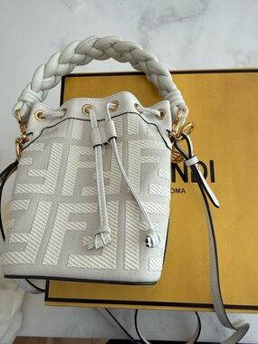 Fendi White Braided-Handle FF Jacquard Bucket Bag